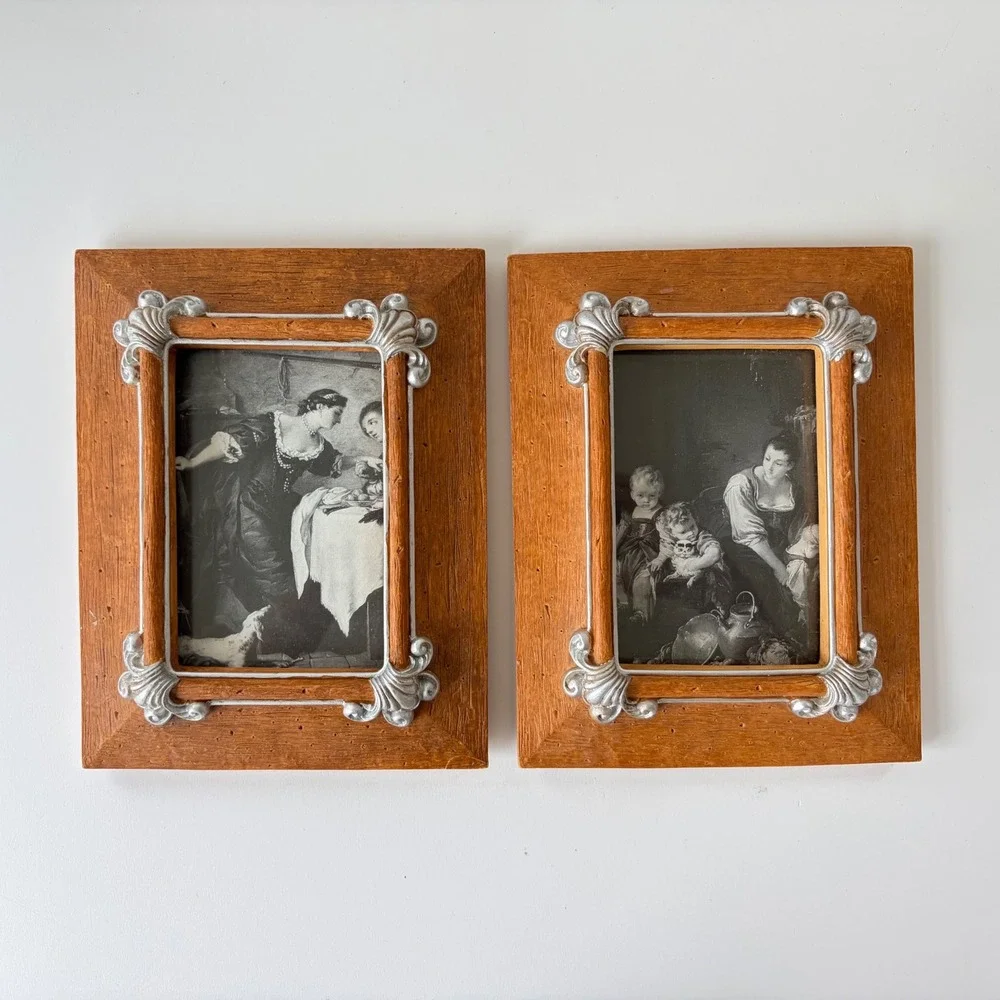 Vintage Ornate Wood Look Resin Picture Frames Silver Scroll Set of 2 Tabletop